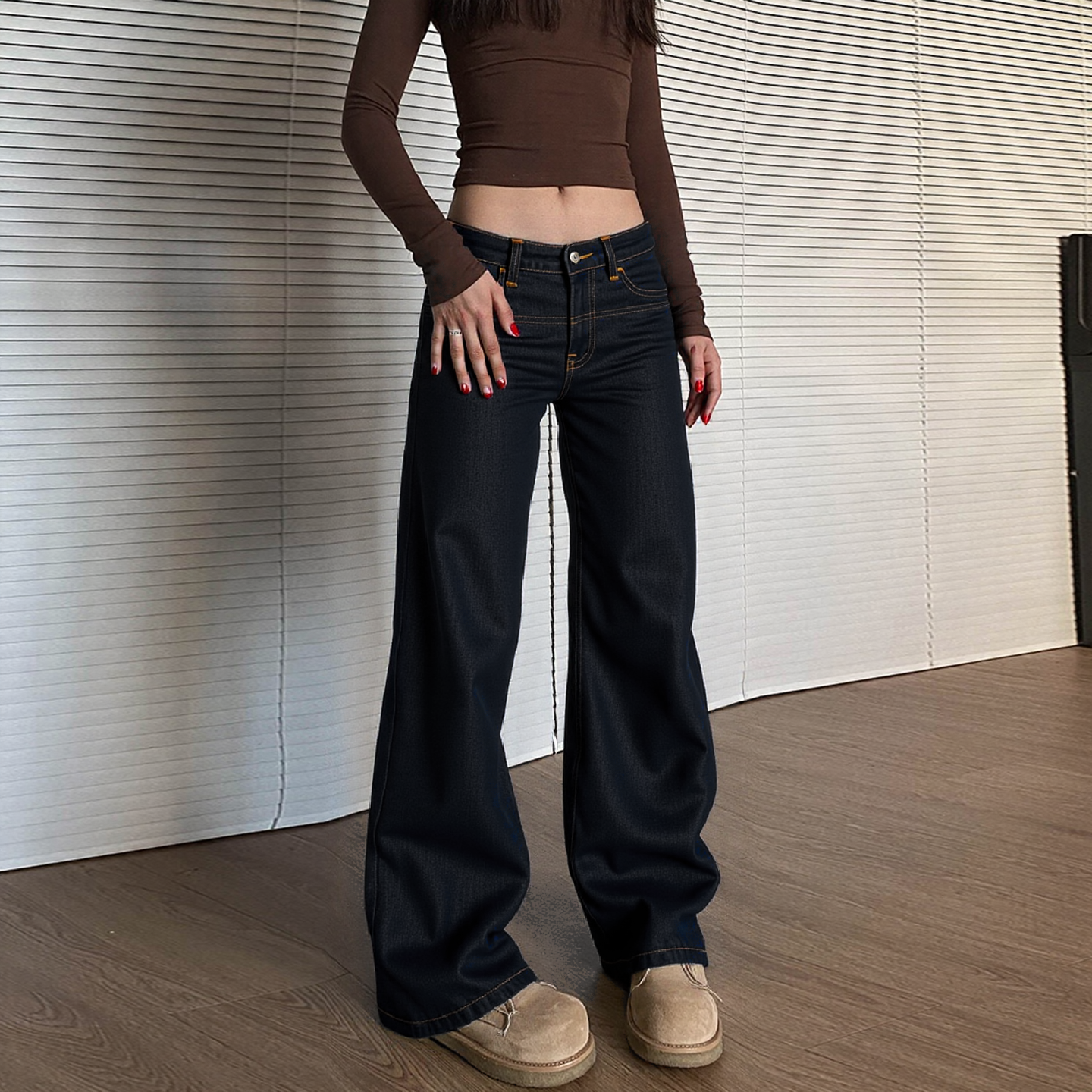 美式设计感黑色宽松直筒牛仔裤