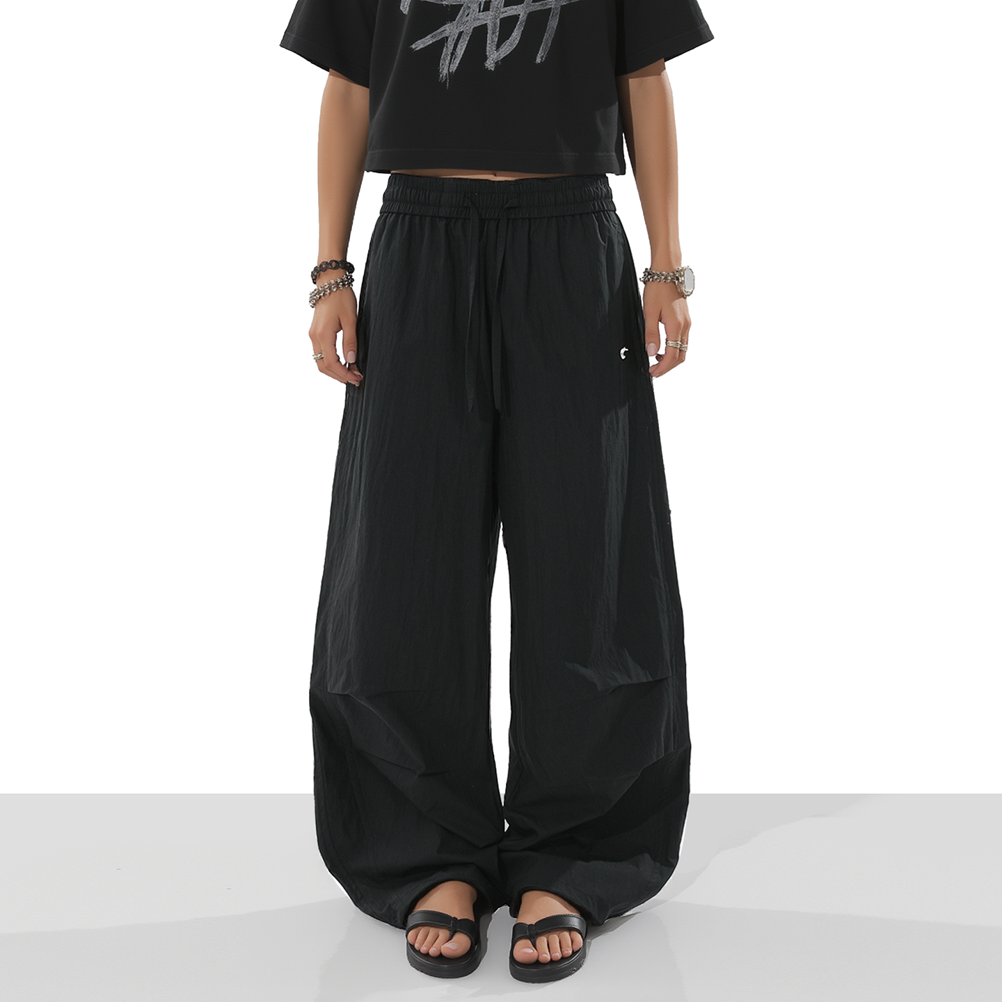 美式复古抽绳褶皱薄款垂感伞兵裤