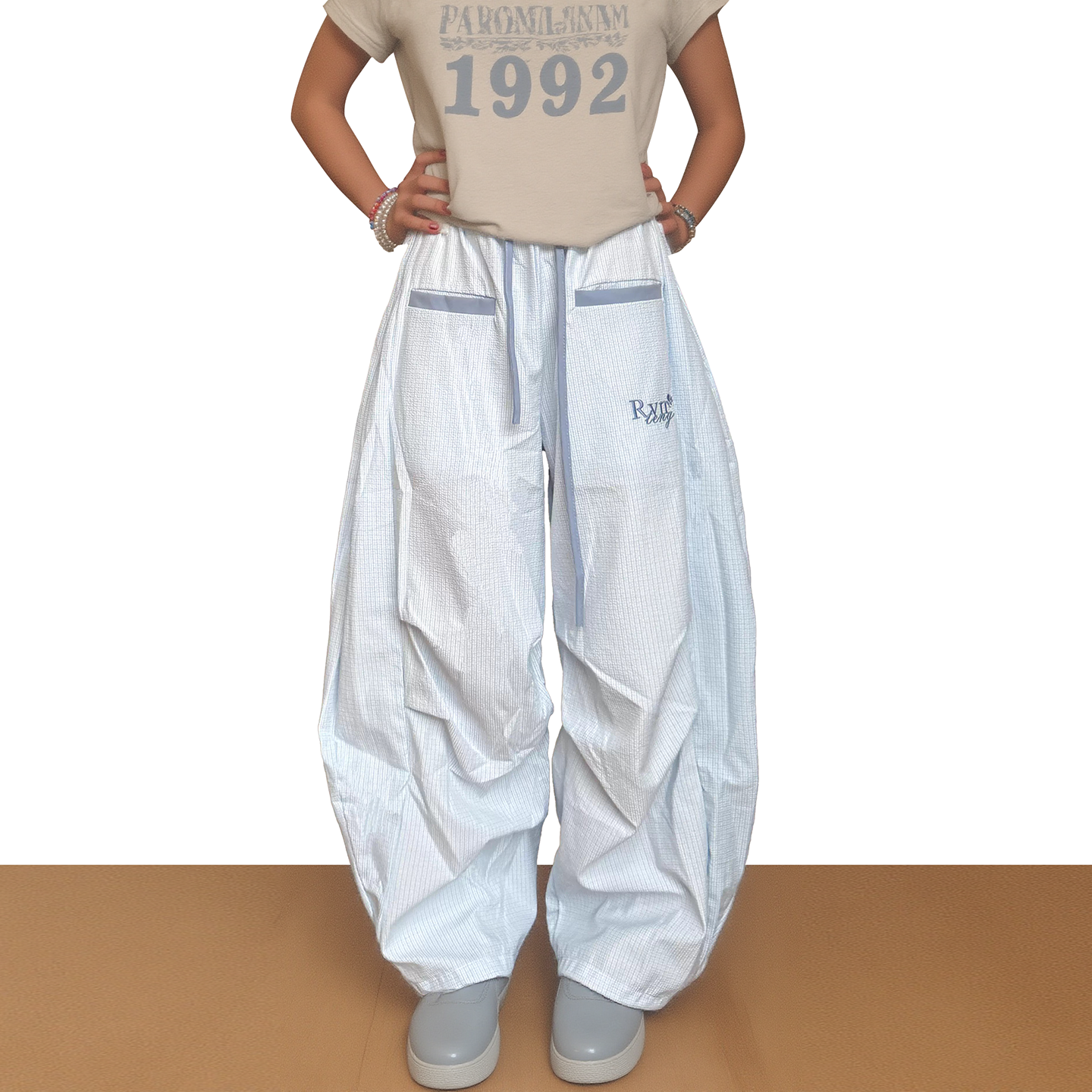 美式复古蓝色格子休闲裤男女