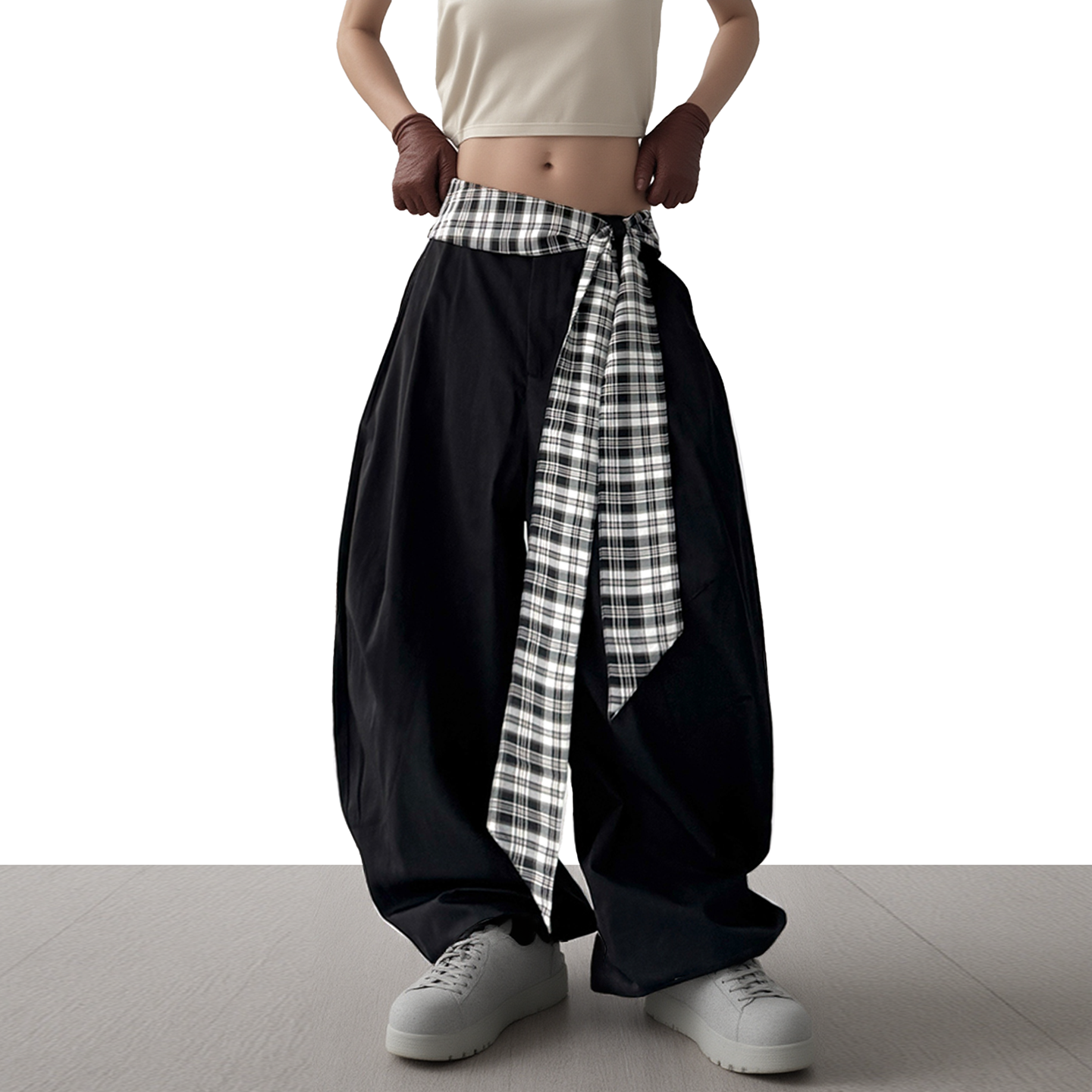 美式高街格子腰带宽松休闲阔腿裤