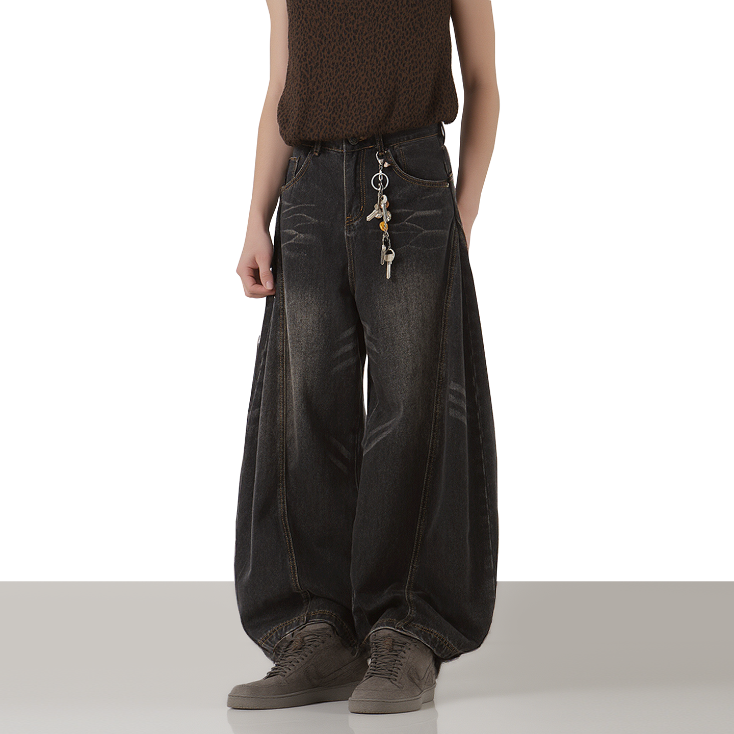 美式复古黑色水洗猫须牛仔裤2025