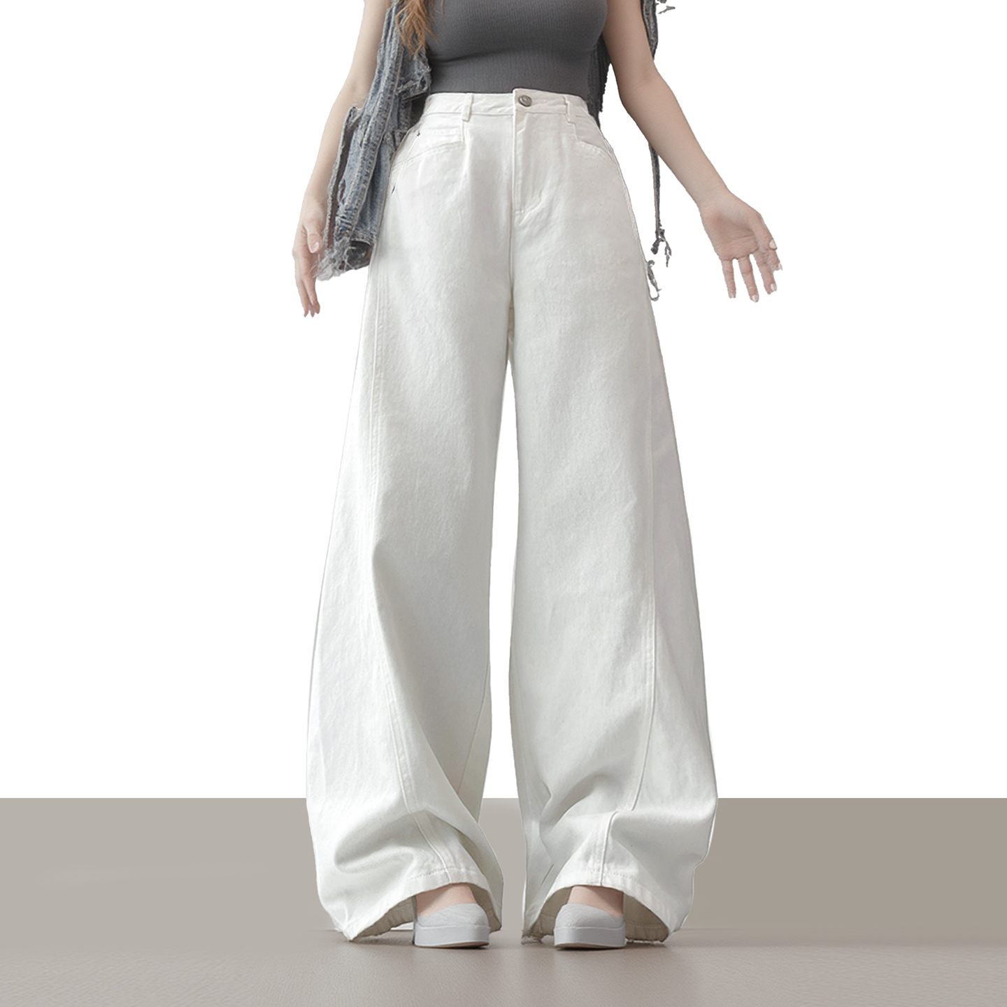 美式复古白色直筒松弛感牛仔裤
