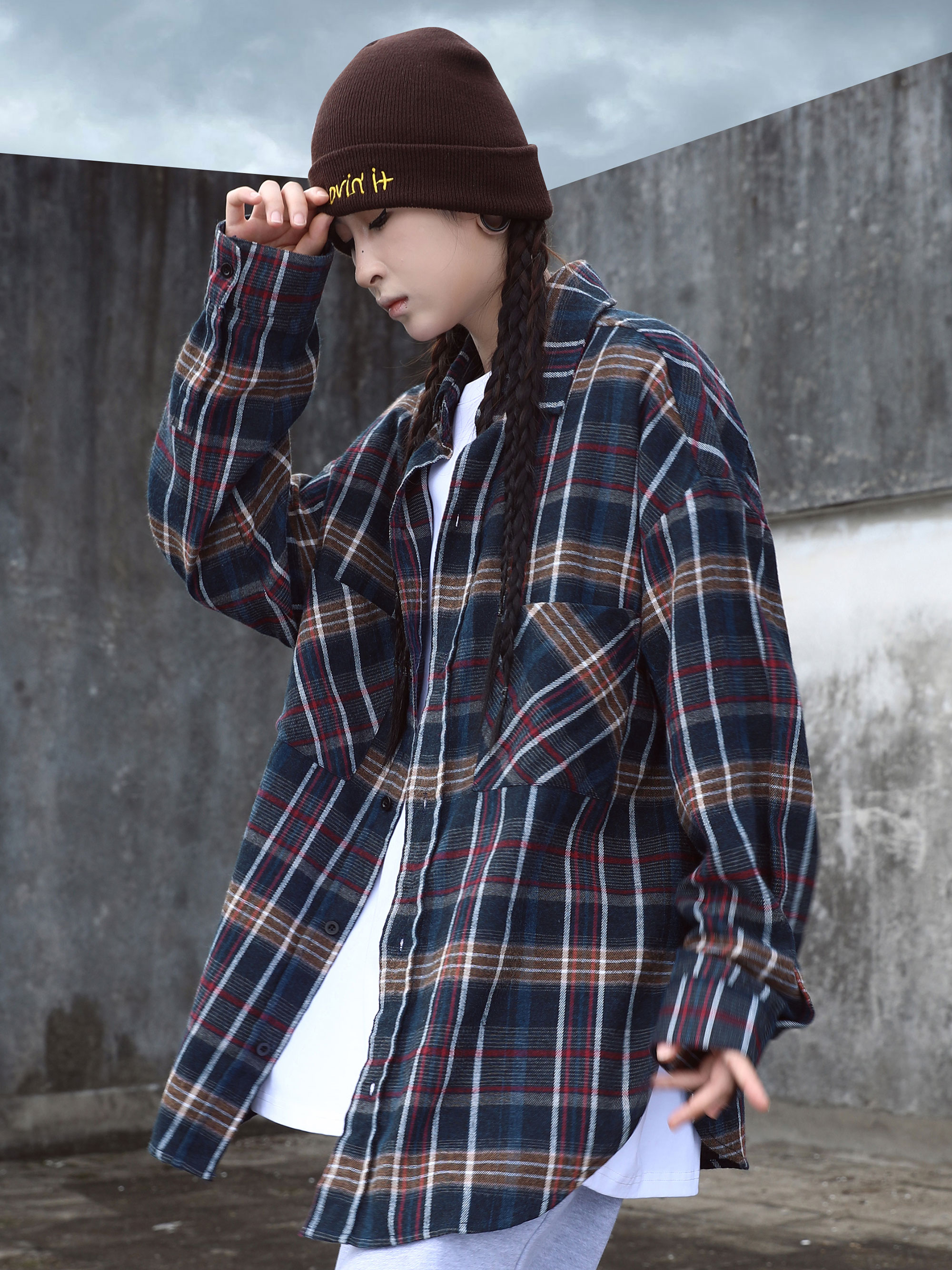 国潮原创设计格子长袖衬衫