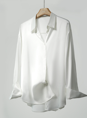 宽松版珠光白仿醋酸柔软缎面长袖通勤百搭纯色男女中性简约衬衫女