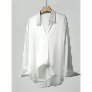 宽松版珠光白仿醋酸柔软缎面长袖通勤百搭纯色男女中性简约衬衫女