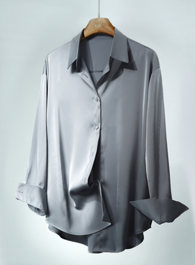宽松版高级灰仿醋酸柔软细腻缎面长袖通勤百搭男女中性复古衬衫女