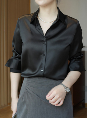 修身版珠光黑重磅缎面通勤职场百搭抗皱垂感港味高级感正肩衬衫女