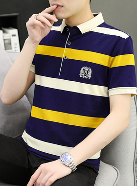 夏季新款条纹保罗polo衫纯棉潮流翻领宽松黑色衣服体恤男士短袖