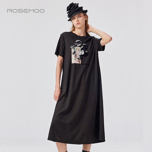 容子木ROSEMOO25夏商场同款含莫代尔烫银长款连衣裙RSS2LP318C