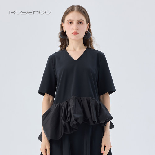 ROSEMOO/容子木26春商场同款微弹垂感拼接款V领上衣RWM1TP412D