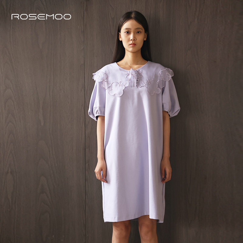 棉感针织拼纱绣边连衣裙