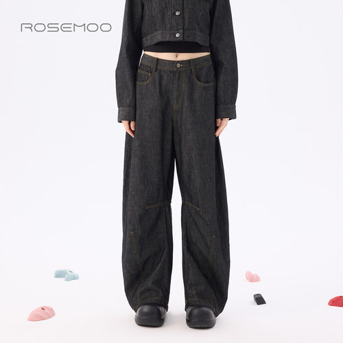 容子木ROSEMOO26春【商场同款】棉感压线宽松牛仔长裤RWM1KC436D