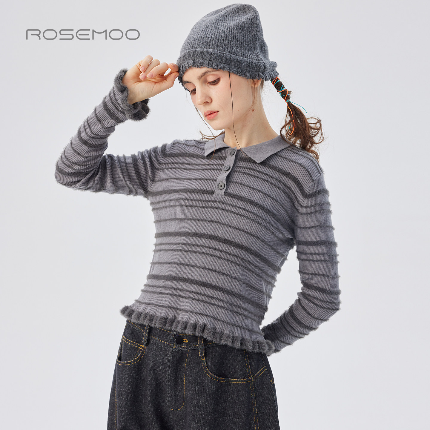 容子木ROSEMOO25秋【商场同款】两种纱线拼接间色上衣RSS3TP454D