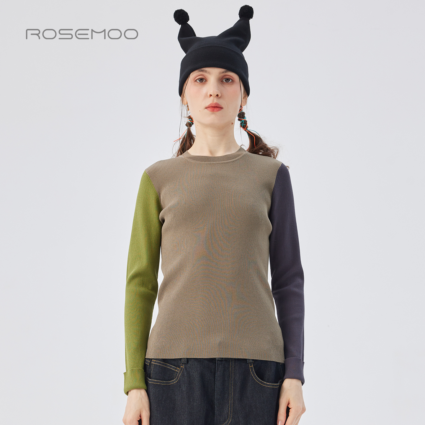 容子木ROSEMOO25年秋季新款亲肤干爽撞色毛织套头衫RSS3TP296B