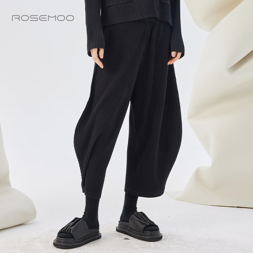 容子木ROSEMOO25秋商场同款干爽压褶弧形松紧腰长裤RSS3KP128A