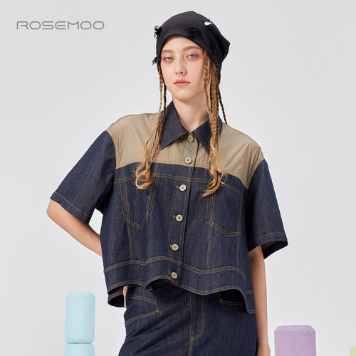 ROSEMOO/容子木25夏商场同款微弹弧形下摆拼接牛仔上衣RSS2WC417D