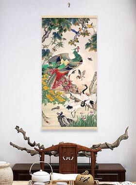 百鸟朝凤玄关画布艺挂画遮挡电表箱装饰画凤凰图壁画客厅过道墙画