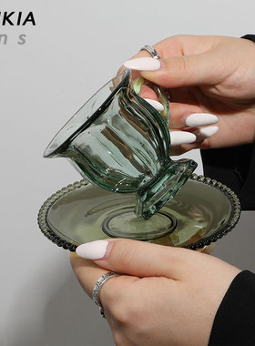 {虞美人绿遇上墨点国风}中古1980s玻璃咖啡杯法式浓缩ESPRESS杯子