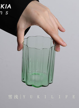 雪浅中古玻璃杯 花轮杯绿色琥珀色彩杯子 中古杯子酒杯洋酒啤酒杯