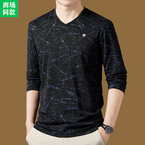 正品意大利长袖t恤男V领打底上衣