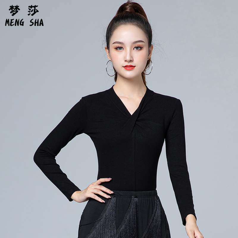拉丁舞服装新款上衣女成人秋冬国标舞练功服摩登舞跳舞服V领长袖
