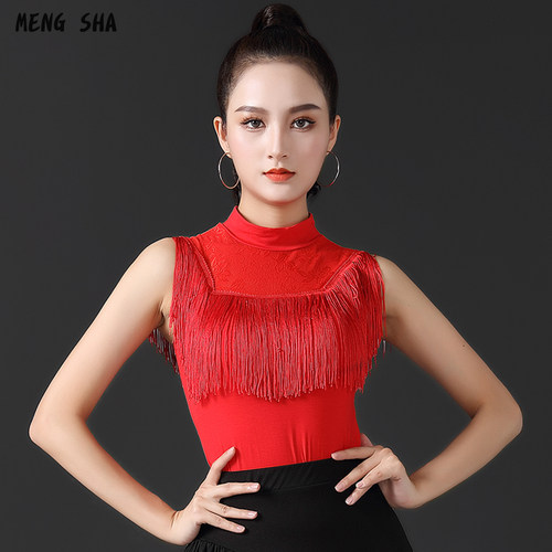 吉特巴舞蹈服装新款夏季无袖拉丁舞流苏上衣高领蕾丝表演比赛服
