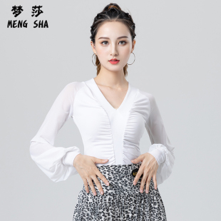 秋冬摩登舞上衣女新款V领国标舞性感白色拉丁舞服连体舞蹈比赛服