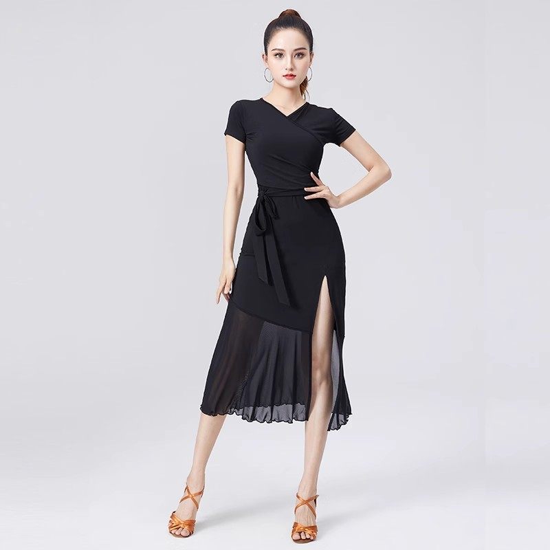 拉丁舞服连身裙夏季新款成人女比赛舞蹈服练功服短袖连衣裙国标舞