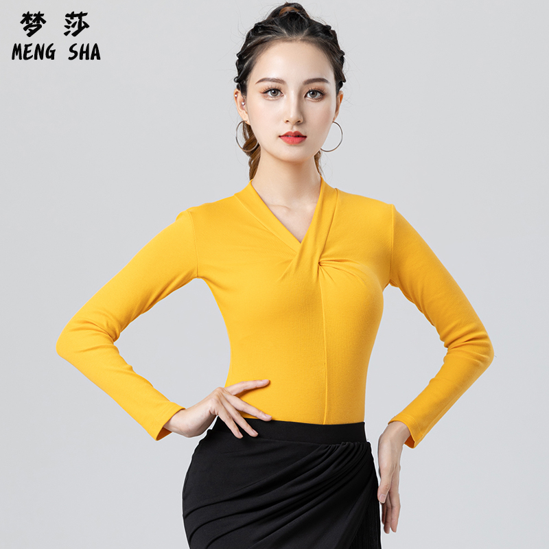拉丁舞服装新款上衣女成人秋冬国标舞练功服摩登舞跳舞服V领长袖