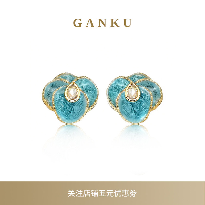 GANKU蓝色山茶花珐琅耳钉925银针图片