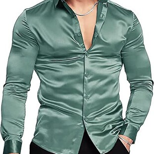 欧美复古礼服丝光缎面衬衫男士大码长袖亮面衬衣潮舞台歌手演出服