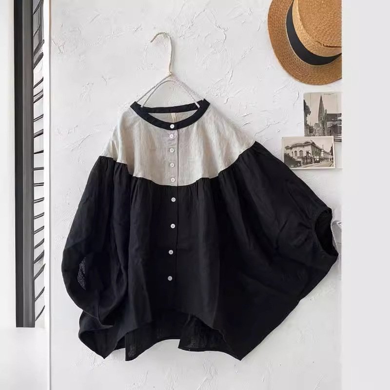 日系insc夏装亚麻拼衬衫女秋季新款甜美减龄文艺百搭圆领娃娃衫