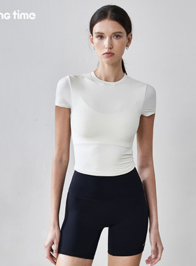 movingtime修身弹力运动T恤女白色健身短袖显瘦打底瑜伽服上衣薄