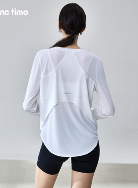 movingtime运动上衣罩衫女长袖白色宽松T恤防晒瑜伽普拉提健身衣