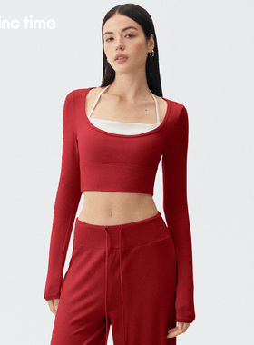 movingtime新年红色瑜伽服女带胸垫上衣假两件普拉提运动健身长袖