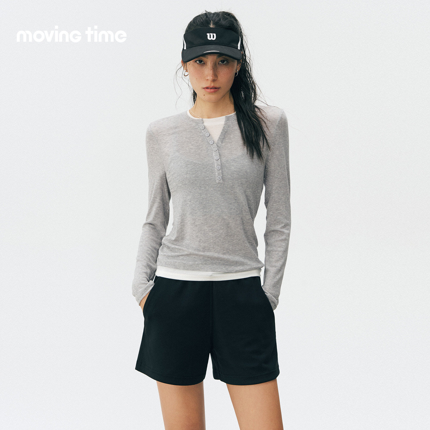 movingtime假两件运动上衣女亨利衫瑜伽服普拉提训练健身长袖T恤