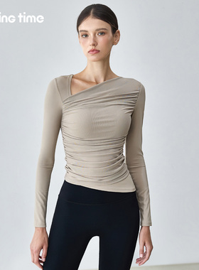 movingtime不对称瑜伽服女带胸垫网纱长袖紧身普拉提运动健身上衣