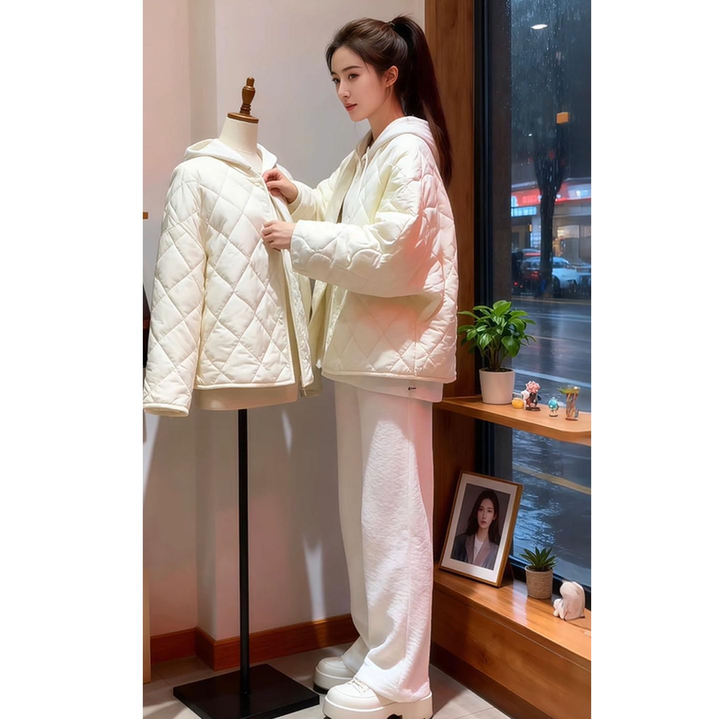 JOYIASS巨好看的两件套冬装设计感连帽卫衣菱形格服外套休闲裤三