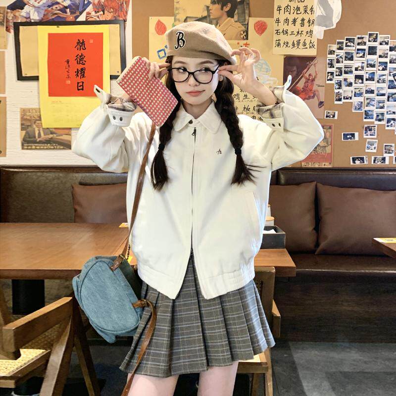 BLLOUKE美式复古白色工装外套女春秋款2025新款设计感双拉链宽松