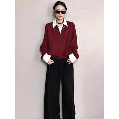 JOYIASS韩系一整套ootd穿搭休闲慵懒风假两件polo领上衣阔腿裤套