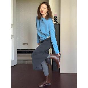 JOYIASS冬装搭配一整套韩系穿搭温柔软糯蓝色针织毛衣灰色半身裙