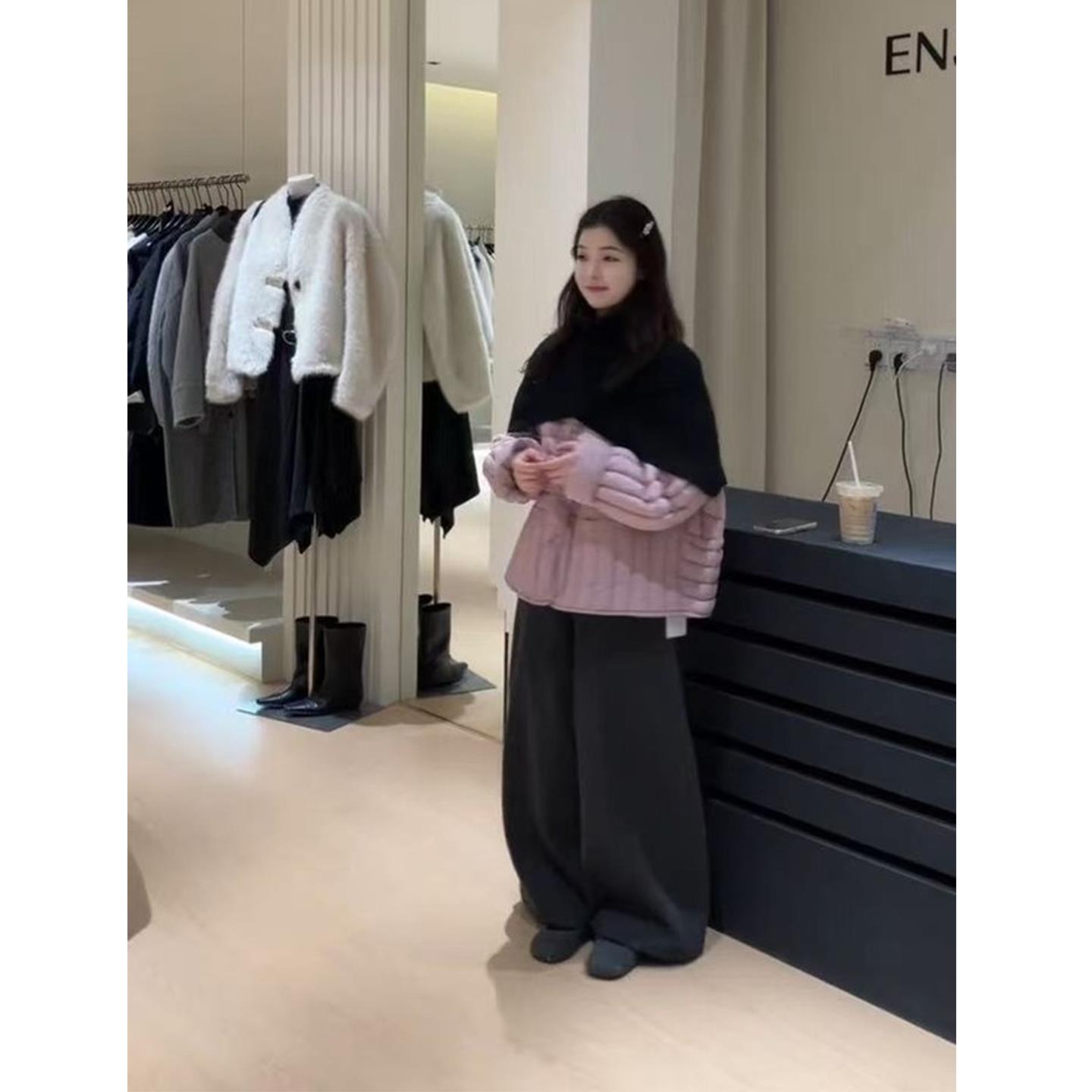 JOYIASS套装女2025新款秋冬设计感叠穿披肩服外套宽松高腰阔腿裤