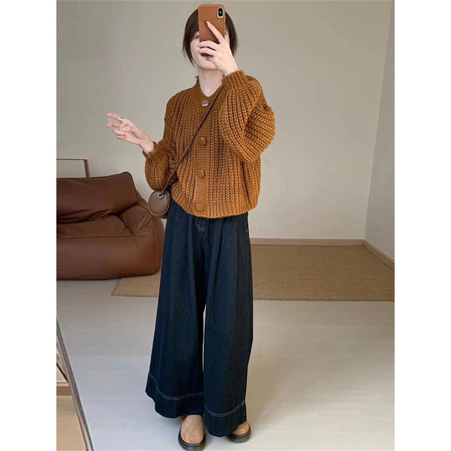 JOYIASS今年流行漂亮套装女秋季大码甜美百搭针织开衫牛仔阔腿裤