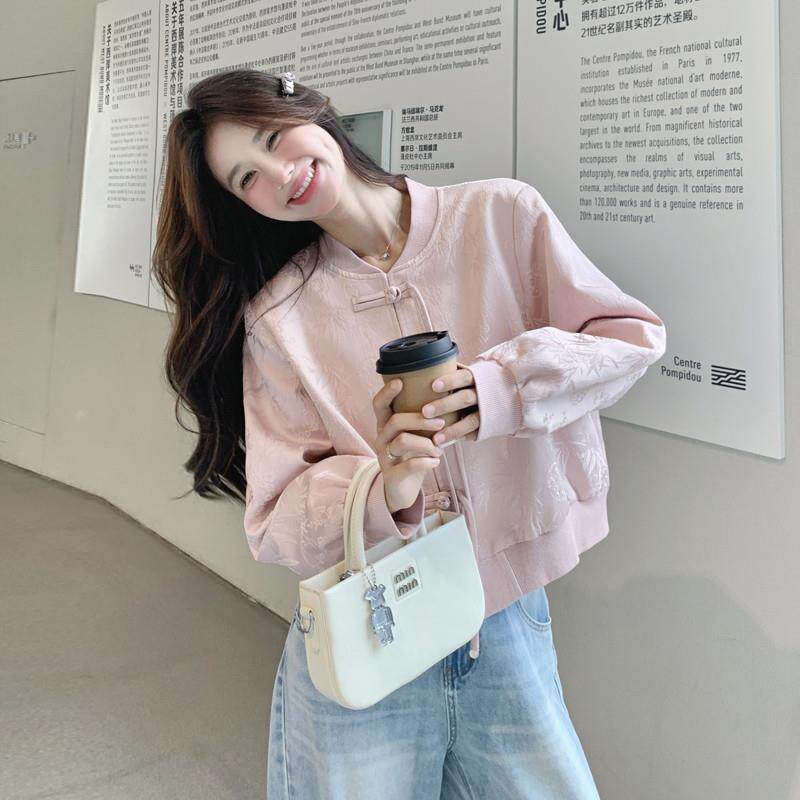 BLLOUKE粉色提花新中式外套女春秋款2025气质温柔独特超好看盘扣