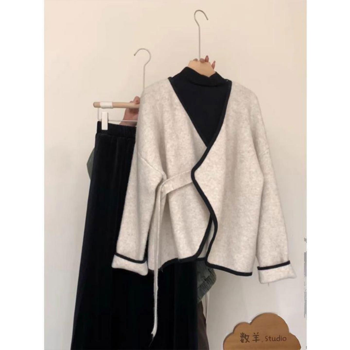 JOYIASS秋季一整套穿搭胖mm大码显瘦高级感撞色v领外套上衣a字半