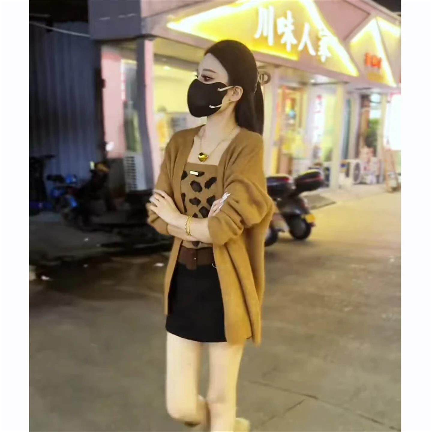 JOYIASS秋季女款套装慵懒风复古针织开衫内搭豹纹吊带背心高腰短