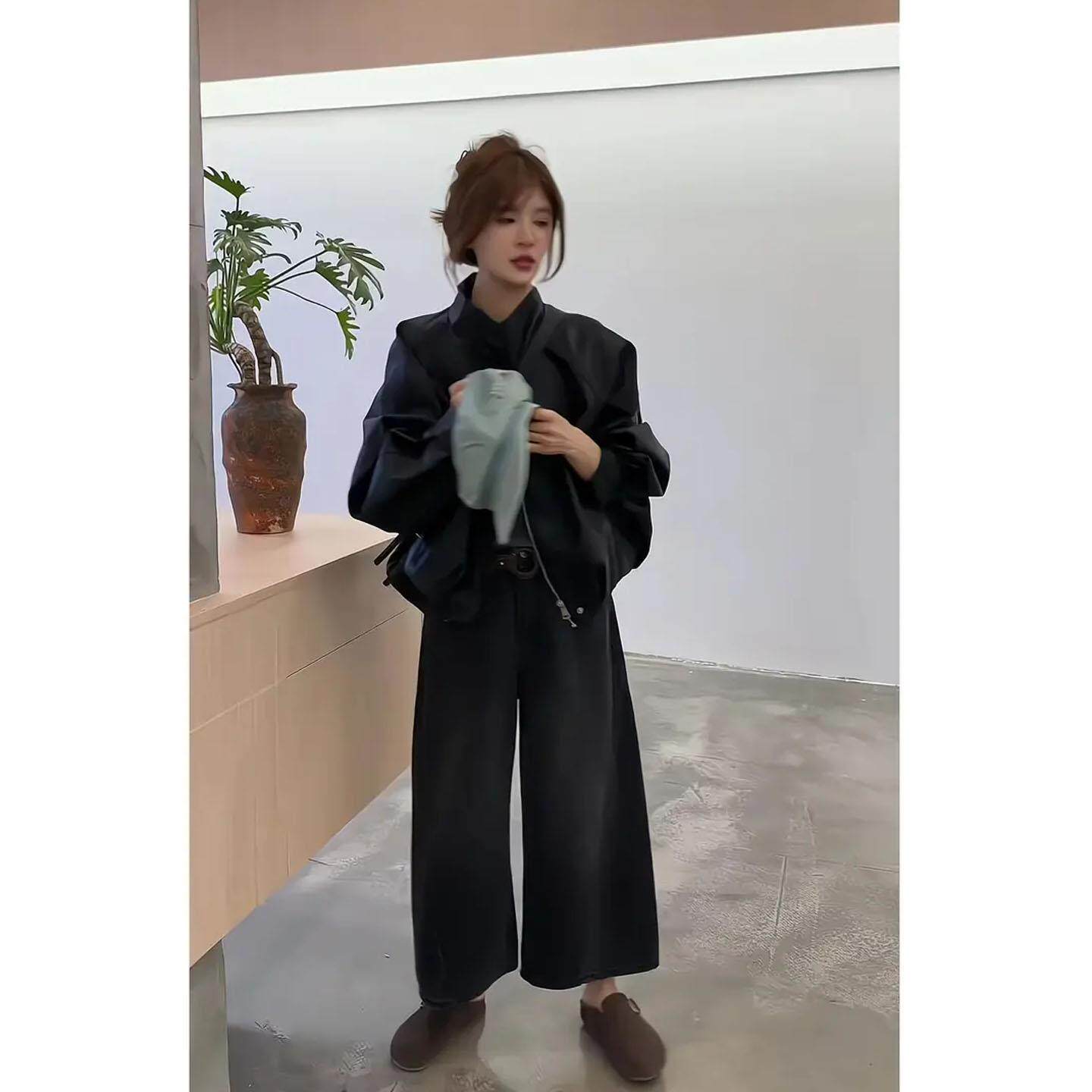 JOYIASS秋季外套女2025新款chic高级感机车皮衣开衫覆古阔腿牛仔