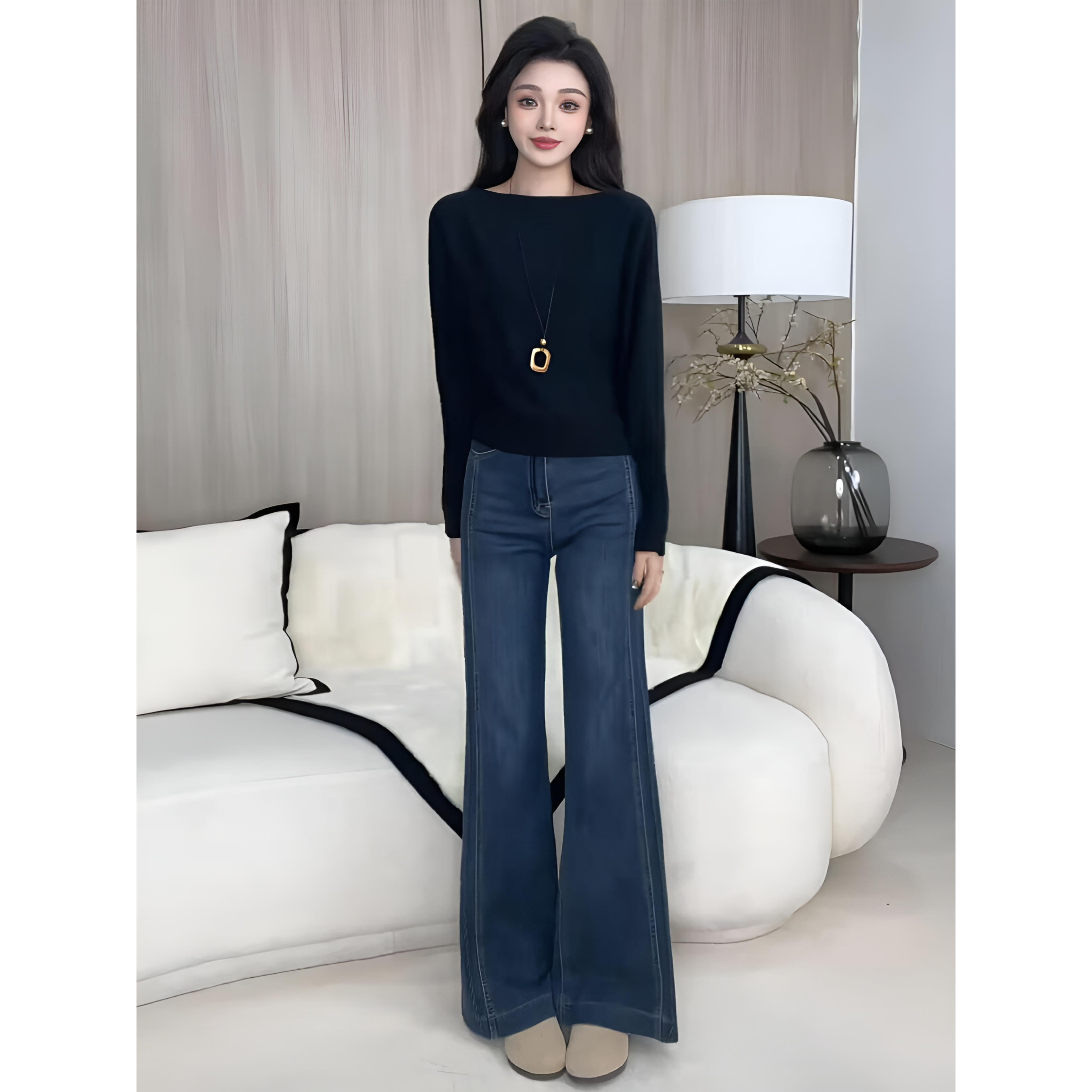 JOYIASS秋日ootd穿搭一整套气质显瘦小香风黑色针织上衣高腰牛仔