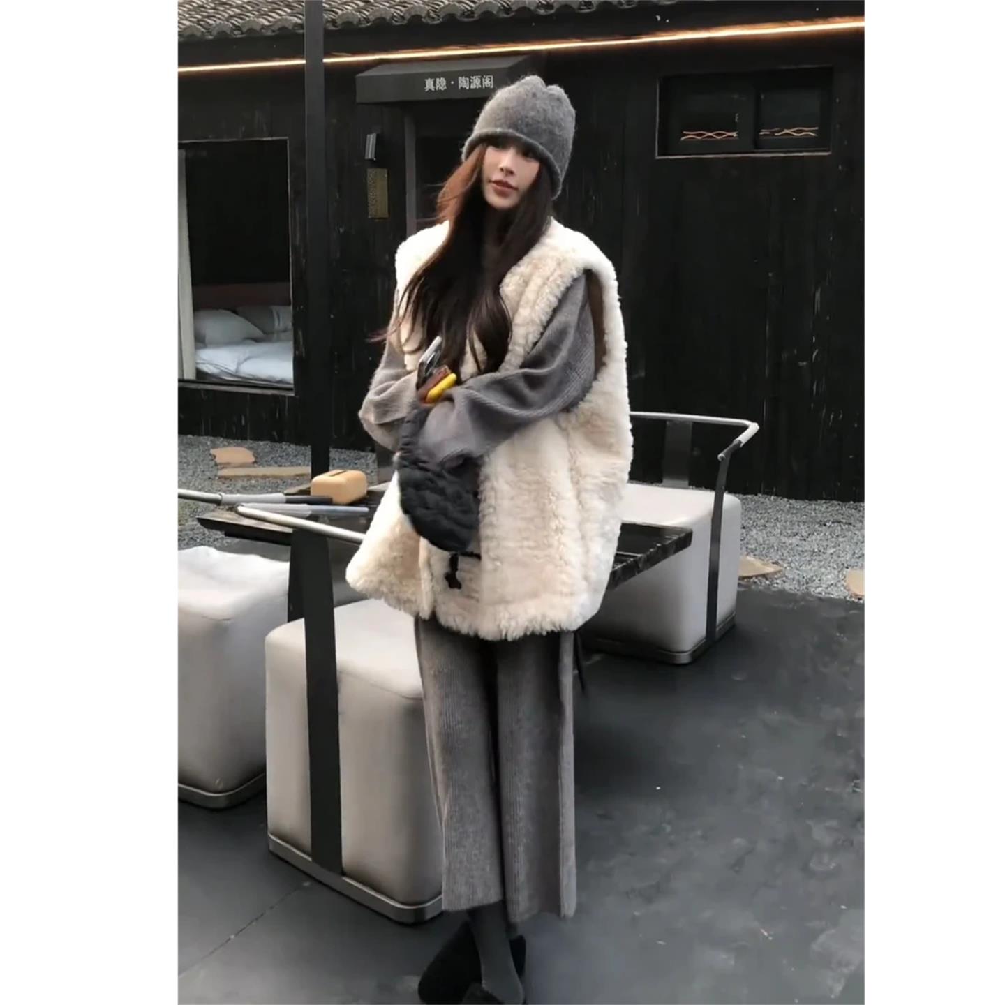 JOYIASS一整套搭配秋装高级感羊羔毛马甲外套韩系慵懒毛衣阔腿裤