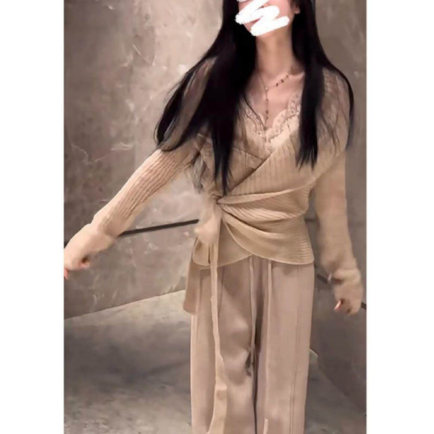 JOYIASS秋季穿搭一整套洋气高级绑带v领长袖针织毛衣蕾丝吊带休闲